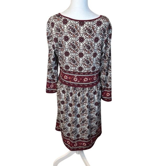Max Studio 3/4 Sleeve Knee Length Dress Burgundy Cream Floral Boho Artsy Large - Picture 4 of 10